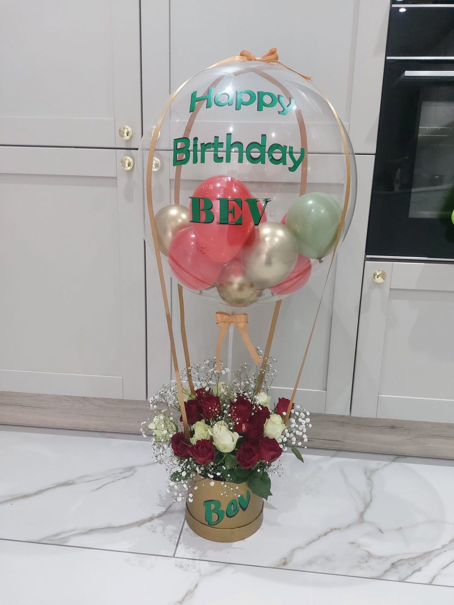 Balloon In A Hat Box Of Flowers With Balloons